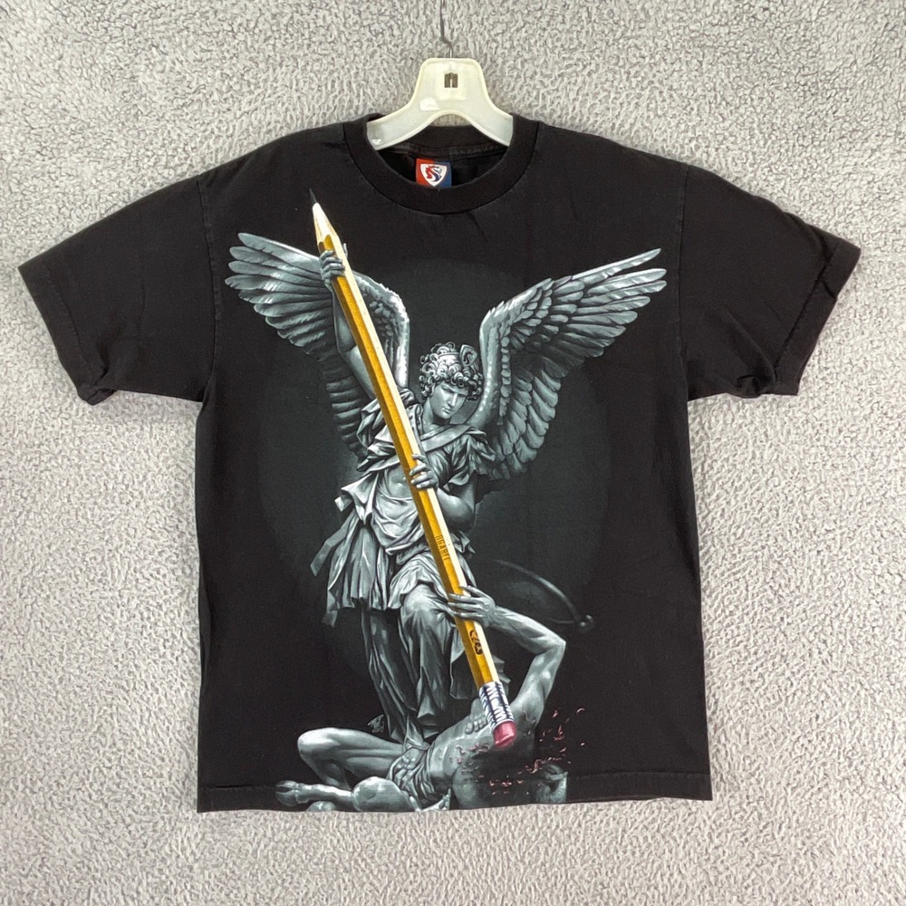 Ogabel Graphic T-Shirt Mens‎ Medium Black Excellent Angel Pencil Art Tee